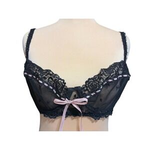 Jezebel Desire Black Lace Sheer Mesh Floral Lace Pink Ribbon Underwire Bra 36B